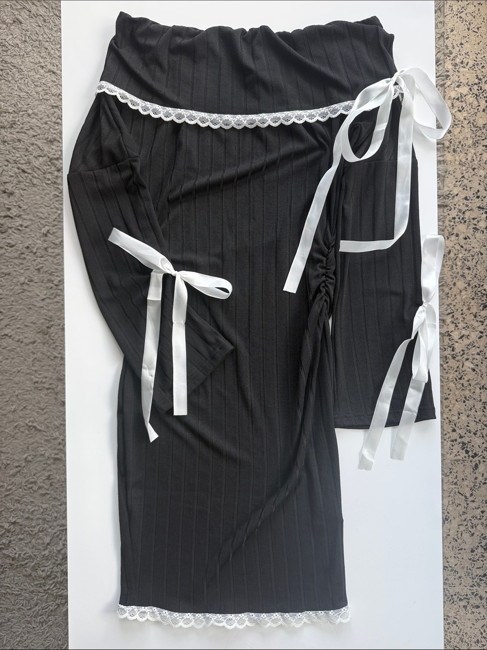 SHEIN Black Ribbed Off-Shoulder Dress with White Lace & Satin Bows